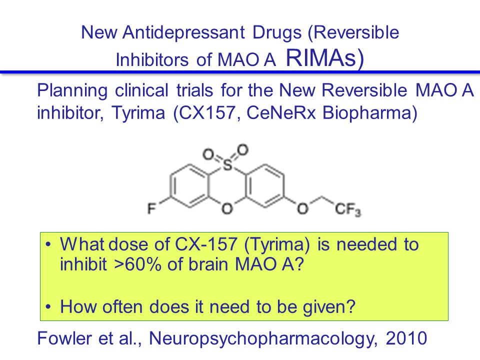 New Antidepressant Drugs (Reversible Inhibitors of MAO A RIMAs) What dose of CX-157 (Tyrima) is needed to inhibit >60% of brain MAO A.