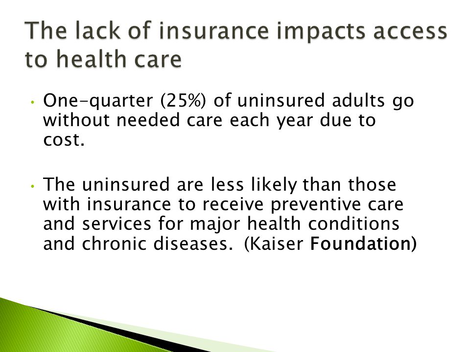 One-quarter (25%) of uninsured adults go without needed care each year due to cost.