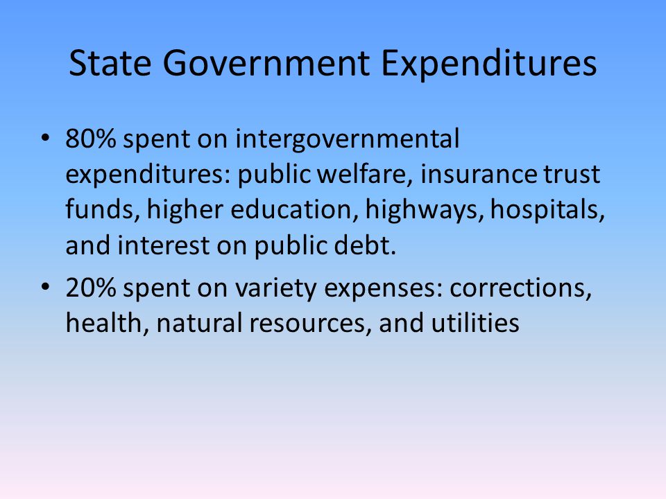 State Government Expenditures 80% spent on intergovernmental expenditures: public welfare, insurance trust funds, higher education, highways, hospitals, and interest on public debt.