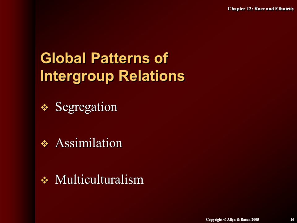 Chapter 12: Race and Ethnicity Copyright © Allyn & Bacon  Segregation  Assimilation  Multiculturalism Global Patterns of Intergroup Relations