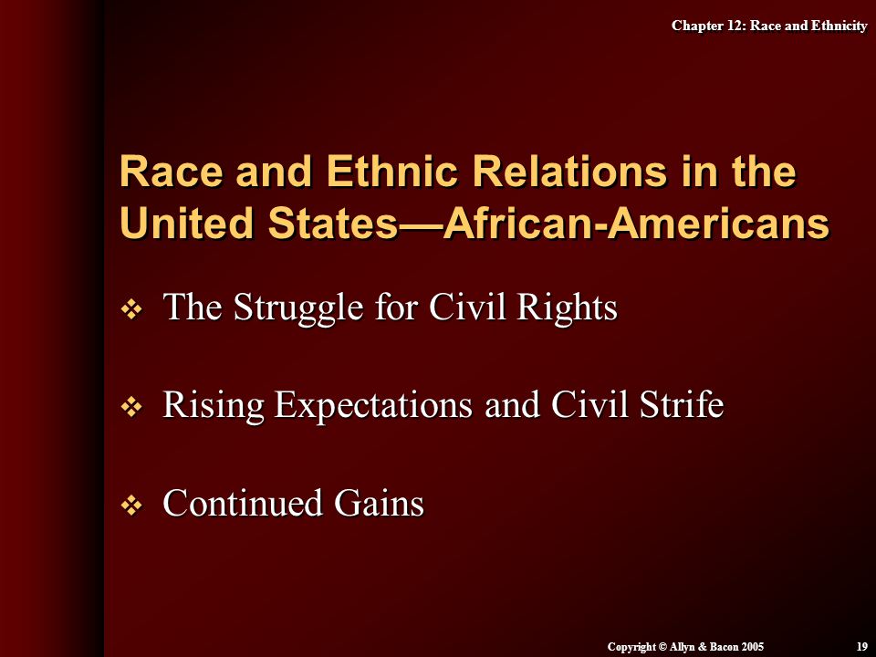 Chapter 12: Race and Ethnicity Copyright © Allyn & Bacon  The Struggle for Civil Rights  Rising Expectations and Civil Strife  Continued Gains Race and Ethnic Relations in the United States—African-Americans
