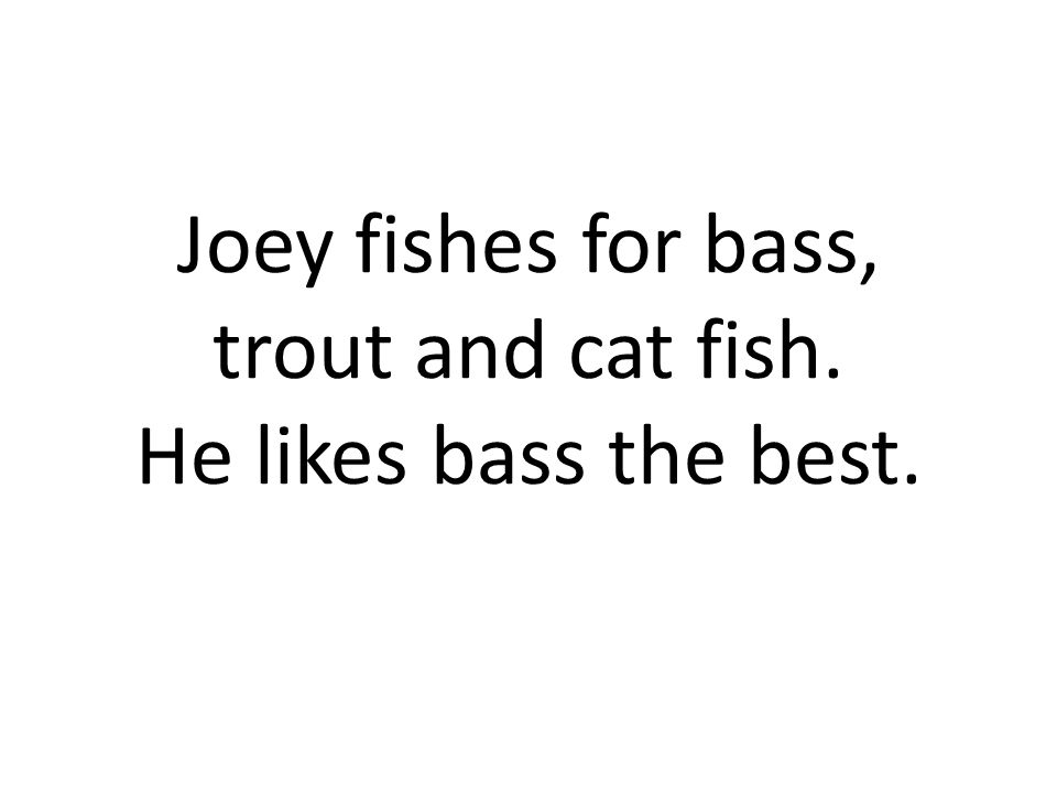 Joey fishes for bass, trout and cat fish. He likes bass the best.