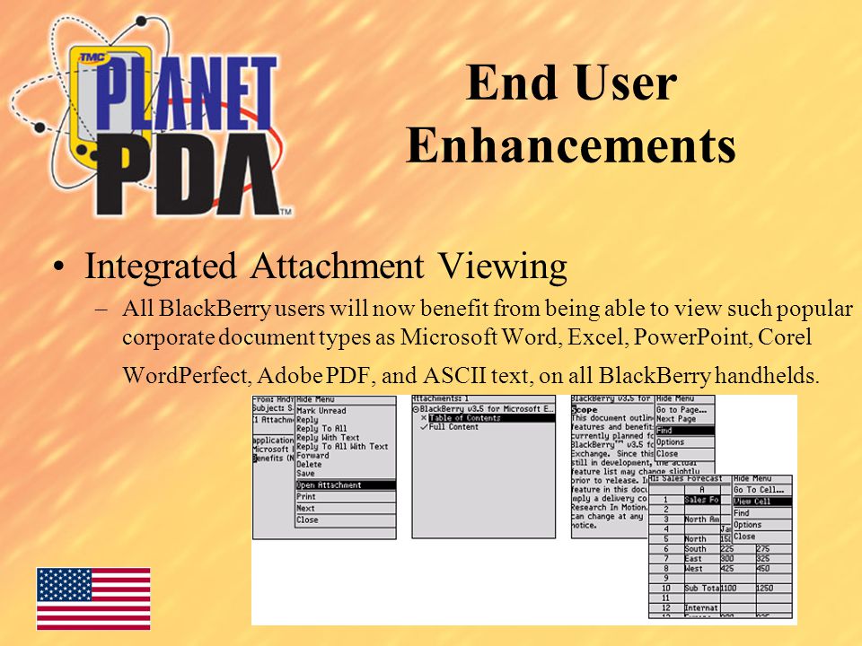 End User Enhancements Integrated Attachment Viewing –All BlackBerry users will now benefit from being able to view such popular corporate document types as Microsoft Word, Excel, PowerPoint, Corel WordPerfect, Adobe PDF, and ASCII text, on all BlackBerry handhelds.