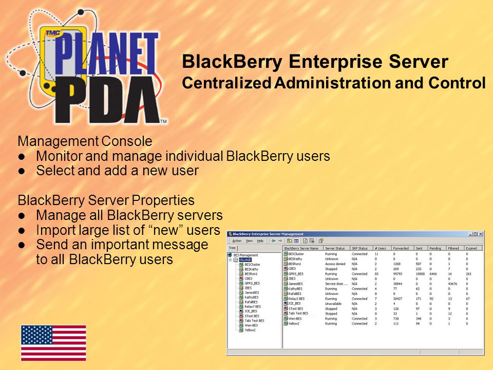 Management Console Monitor and manage individual BlackBerry users Select and add a new user BlackBerry Server Properties Manage all BlackBerry servers Import large list of new users Send an important message to all BlackBerry users BlackBerry Enterprise Server Centralized Administration and Control
