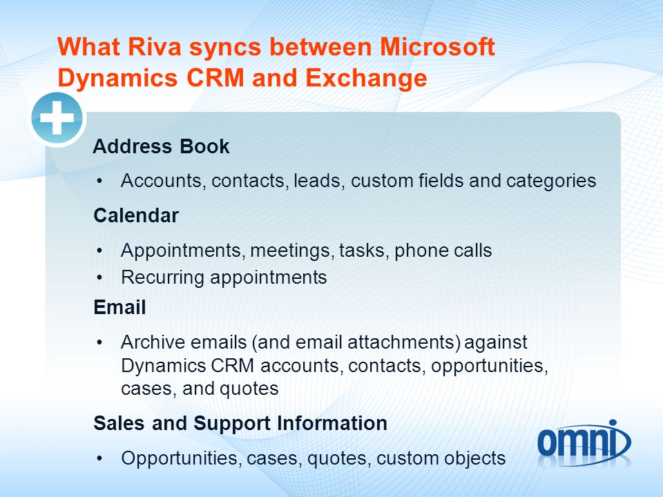 What Riva syncs between Microsoft Dynamics CRM and Exchange Address Book Accounts, contacts, leads, custom fields and categories Calendar Appointments, meetings, tasks, phone calls Recurring appointments  Archive  s (and  attachments) against Dynamics CRM accounts, contacts, opportunities, cases, and quotes Sales and Support Information Opportunities, cases, quotes, custom objects