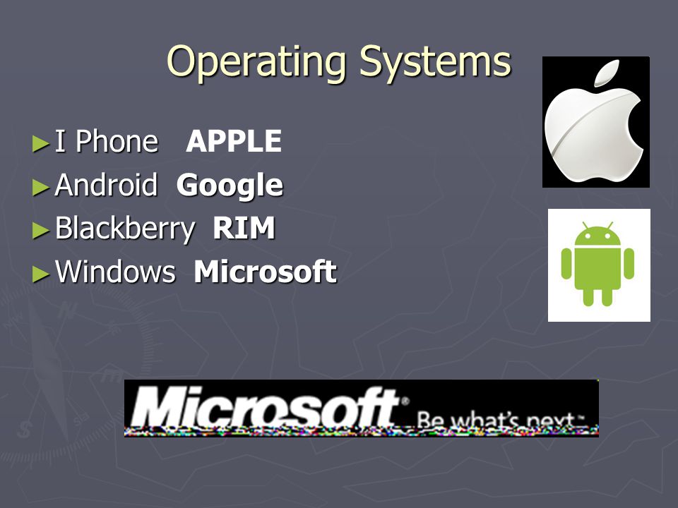 Operating Systems ► I Phone ► I Phone APPLE ► Android Google ► Blackberry RIM ► Windows Microsoft