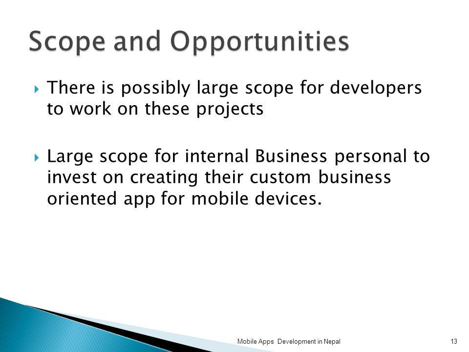  There is possibly large scope for developers to work on these projects  Large scope for internal Business personal to invest on creating their custom business oriented app for mobile devices.