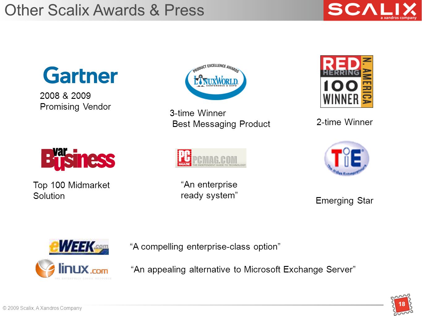 18 © 2009 Scalix, A Xandros Company 18 Other Scalix Awards & Press Emerging Star 2008 & 2009 Promising Vendor Top 100 Midmarket Solution 3-time Winner Best Messaging Product 2-time Winner A compelling enterprise-class option An enterprise ready system An appealing alternative to Microsoft Exchange Server