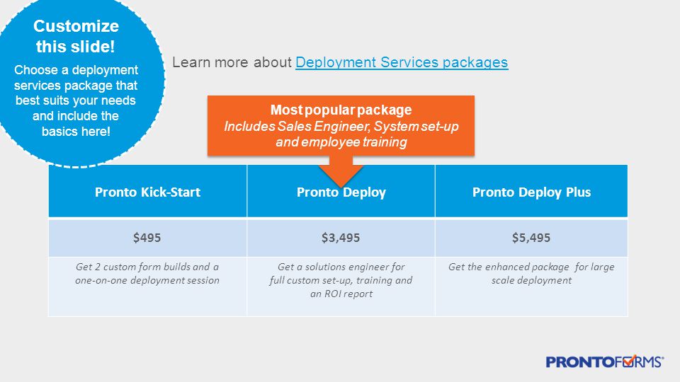 Learn more about Deployment Services packagesDeployment Services packages Pronto Kick-StartPronto DeployPronto Deploy Plus $495$3,495$5,495 Get 2 custom form builds and a one-on-one deployment session Get a solutions engineer for full custom set-up, training and an ROI report Get the enhanced package for large scale deployment Most popular package Includes Sales Engineer, System set-up and employee training Customize this slide.