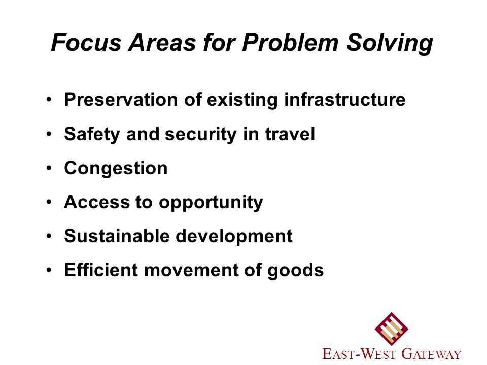 Preservation of existing infrastructure Safety and security in travel Congestion Access to opportunity Sustainable development Efficient movement of goods Focus Areas for Problem Solving E AST -W EST G ATEWAY
