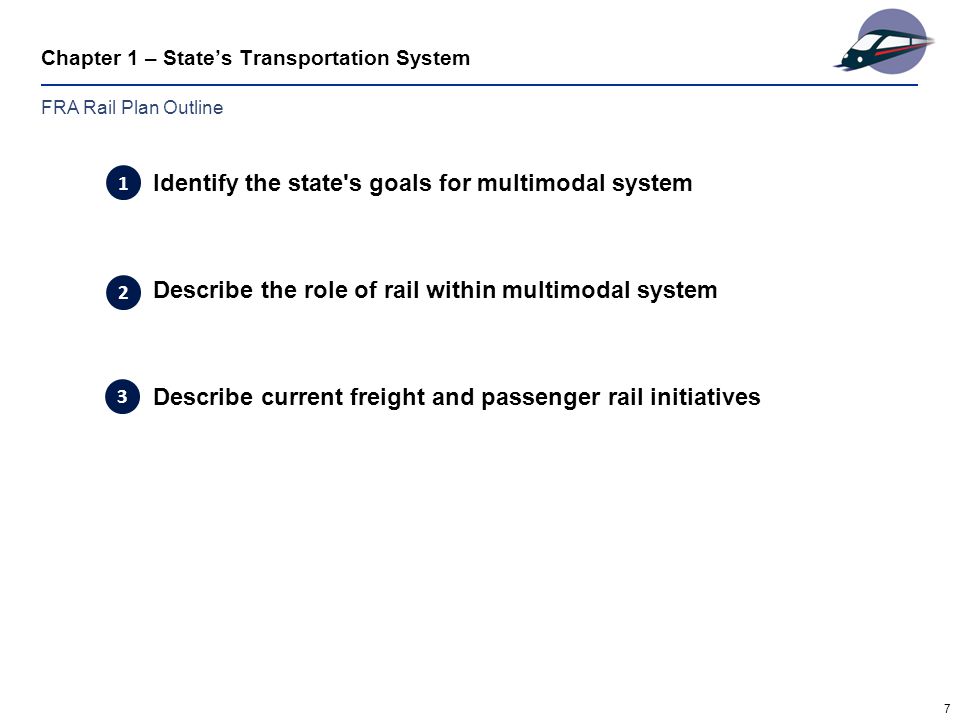 7 Chapter 1 – State’s Transportation System Identify the state s goals for multimodal system Describe the role of rail within multimodal system Describe current freight and passenger rail initiatives FRA Rail Plan Outline 3 1 2