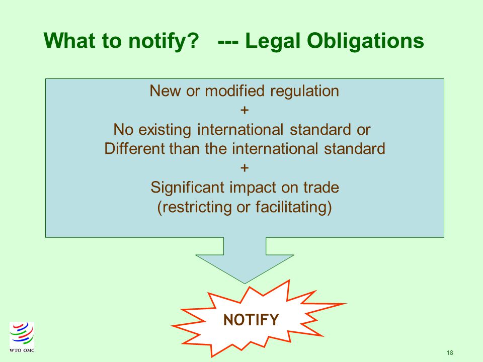 18 New or modified regulation + No existing international standard or Different than the international standard + Significant impact on trade (restricting or facilitating) What to notify.