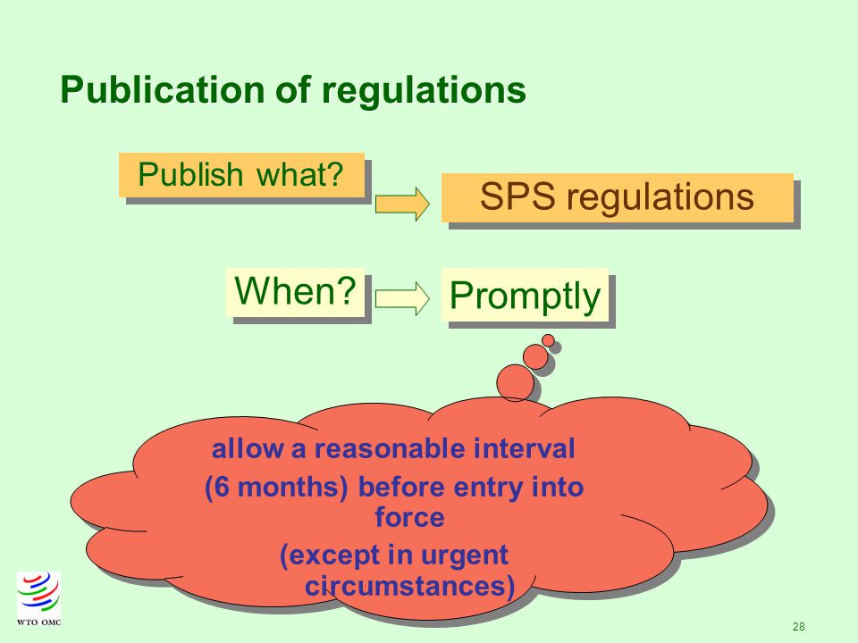 28 Publication of regulations Publish what. SPS regulations Promptly When.