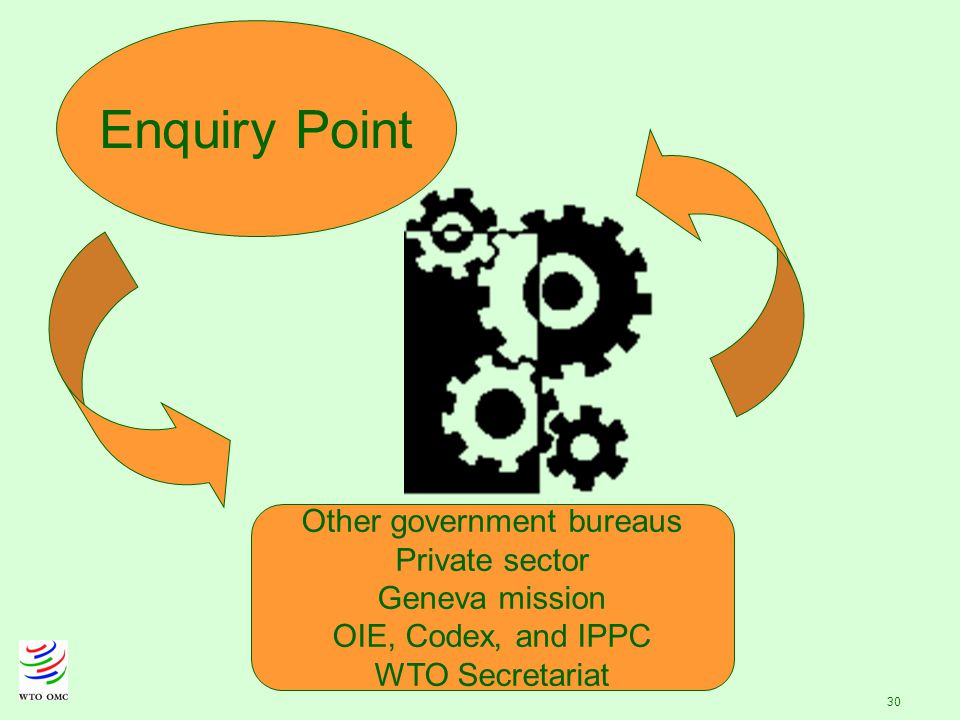 30 Enquiry Point Other government bureaus Private sector Geneva mission OIE, Codex, and IPPC WTO Secretariat