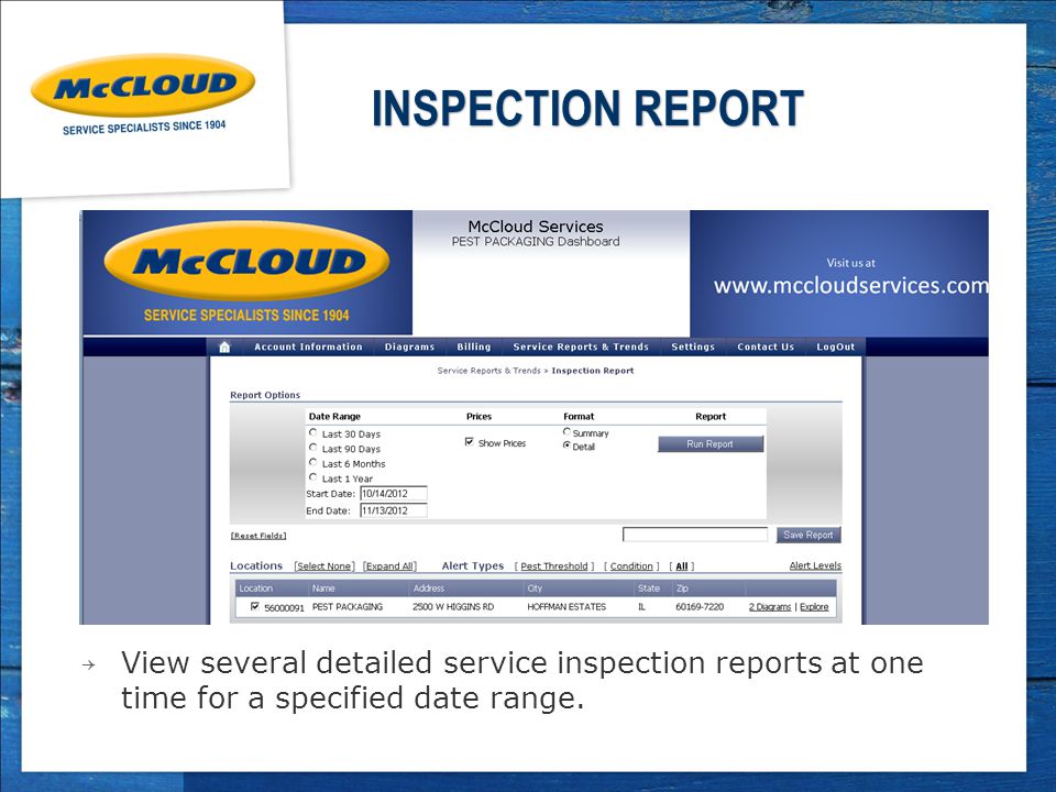 INSPECTION REPORT ￫ View several detailed service inspection reports at one time for a specified date range.