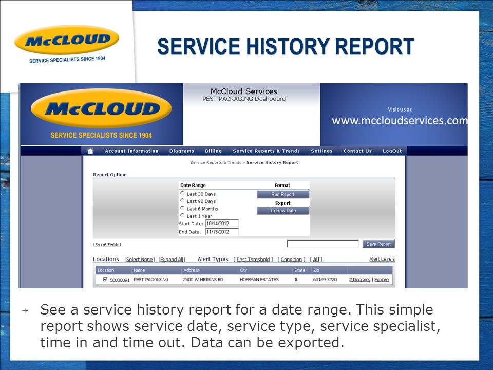 SERVICE HISTORY REPORT ￫ See a service history report for a date range.