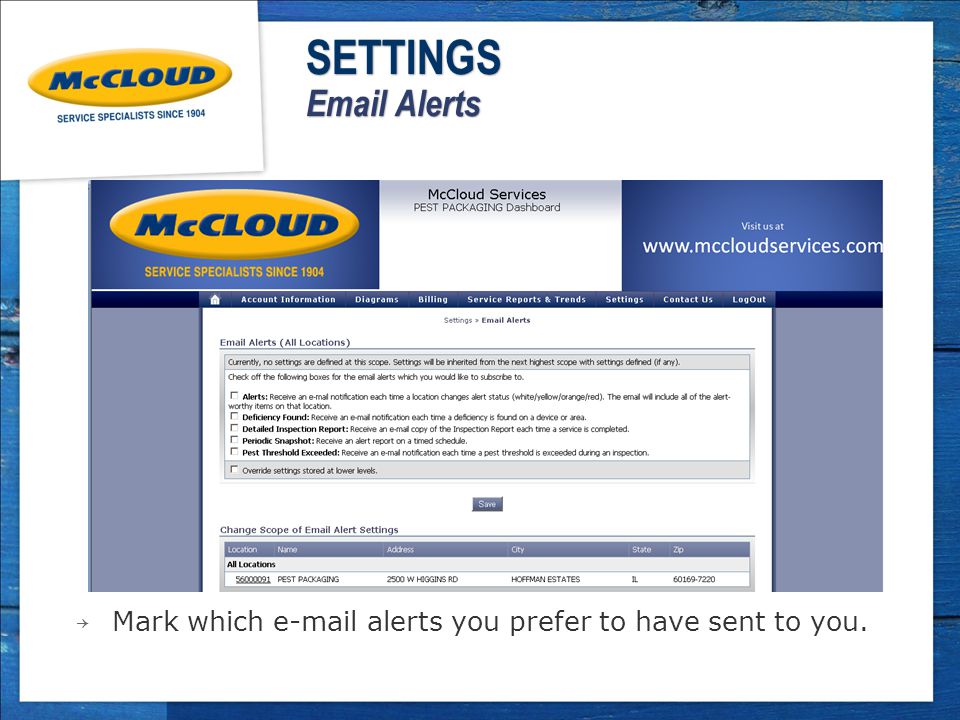 ￫ Mark which  alerts you prefer to have sent to you. SETTINGS  Alerts