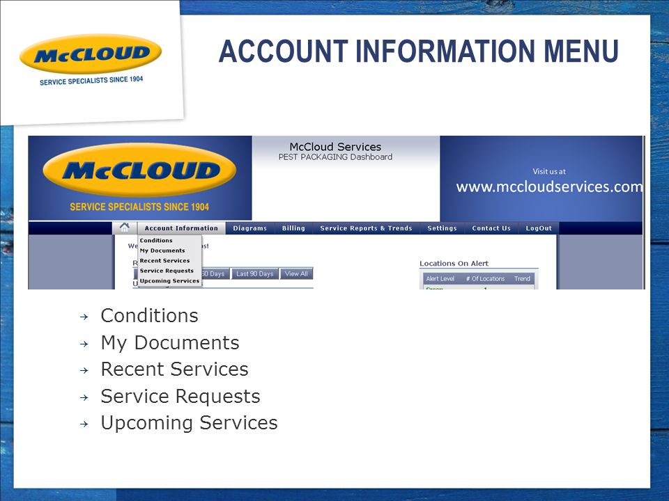 ACCOUNT INFORMATION MENU ￫ Conditions ￫ My Documents ￫ Recent Services ￫ Service Requests ￫ Upcoming Services