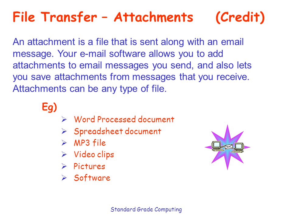 Standard Grade Computing File Transfer – Attachments (Credit) An attachment is a file that is sent along with an  message.