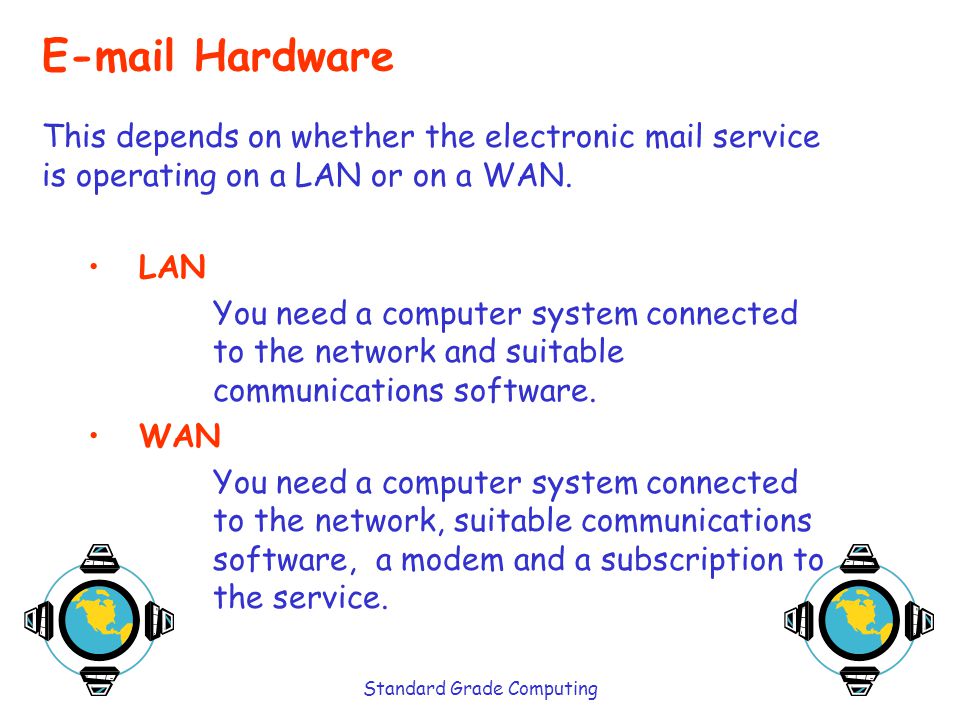 Standard Grade Computing  Hardware This depends on whether the electronic mail service is operating on a LAN or on a WAN.