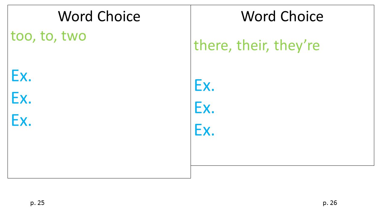 Word Choice too, to, two Ex. Word Choice there, their, they’re Ex. p. 25p. 26