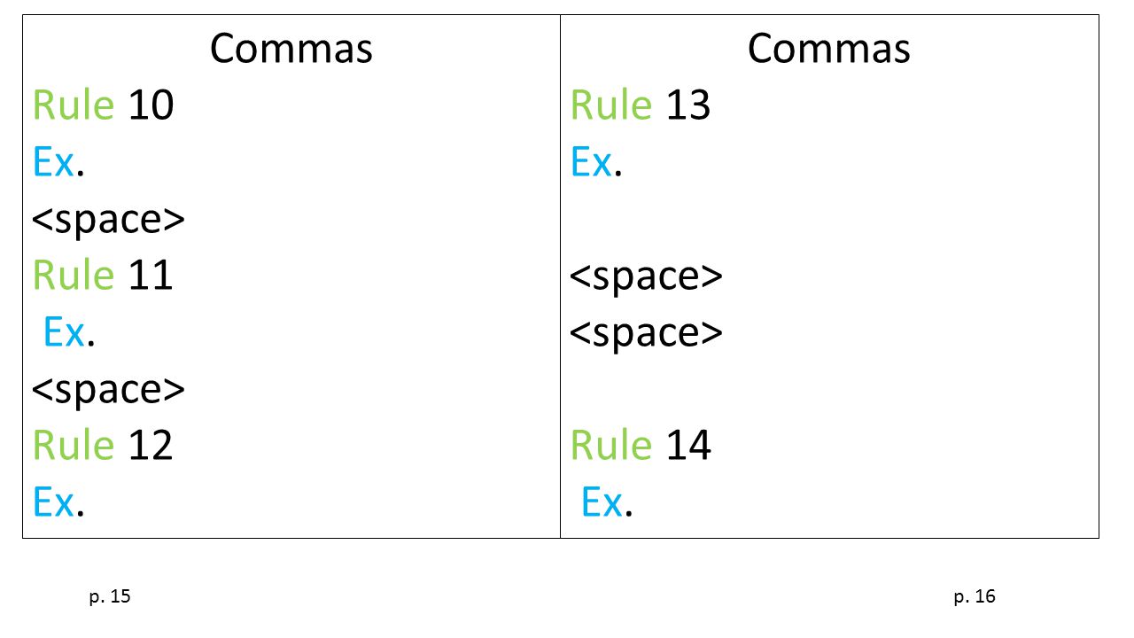 Commas Rule 10 Ex. Rule 11 Ex. Rule 12 Ex. Commas Rule 13 Ex. Rule 14 Ex. p. 15p. 16