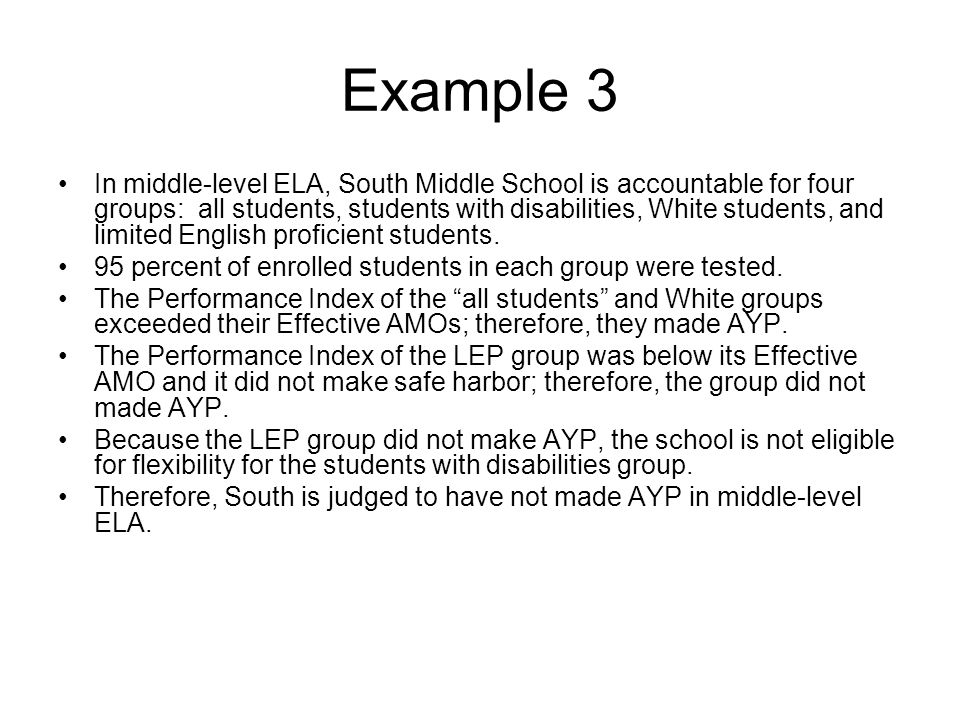 Example 3 In middle-level ELA, South Middle School is accountable for four groups: all students, students with disabilities, White students, and limited English proficient students.