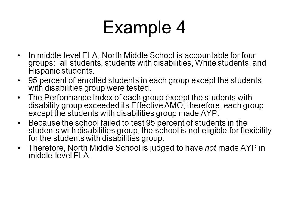 Example 4 In middle-level ELA, North Middle School is accountable for four groups: all students, students with disabilities, White students, and Hispanic students.
