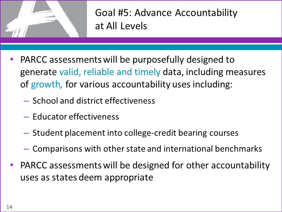 14 Goal #5: Advance Accountability at All Levels PARCC assessments will be purposefully designed to generate valid, reliable and timely data, including measures of growth, for various accountability uses including: – School and district effectiveness – Educator effectiveness – Student placement into college-credit bearing courses – Comparisons with other state and international benchmarks PARCC assessments will be designed for other accountability uses as states deem appropriate