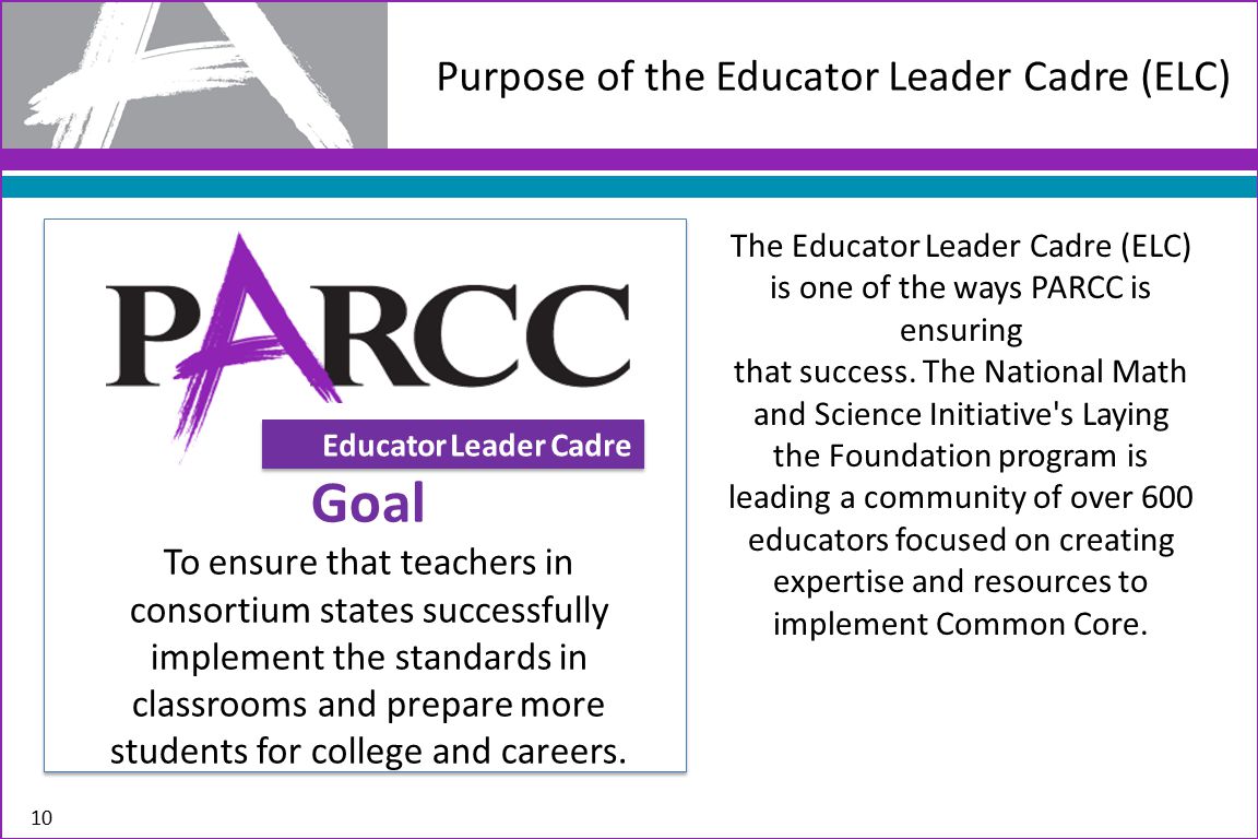 Purpose of the Educator Leader Cadre (ELC) 10 Educator Leader Cadre Goal To ensure that teachers in consortium states successfully implement the standards in classrooms and prepare more students for college and careers.