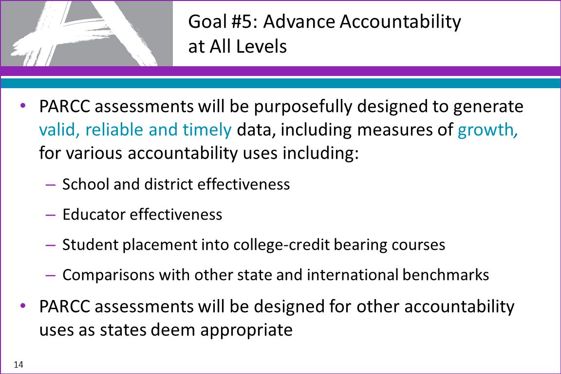 14 Goal #5: Advance Accountability at All Levels PARCC assessments will be purposefully designed to generate valid, reliable and timely data, including measures of growth, for various accountability uses including: – School and district effectiveness – Educator effectiveness – Student placement into college-credit bearing courses – Comparisons with other state and international benchmarks PARCC assessments will be designed for other accountability uses as states deem appropriate