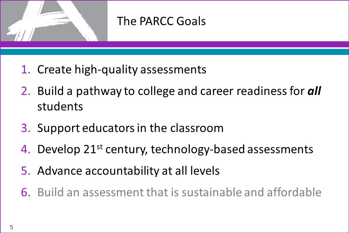 1.Create high-quality assessments 2.Build a pathway to college and career readiness for all students 3.Support educators in the classroom 4.Develop 21 st century, technology-based assessments 5.Advance accountability at all levels 6.Build an assessment that is sustainable and affordable 5 The PARCC Goals