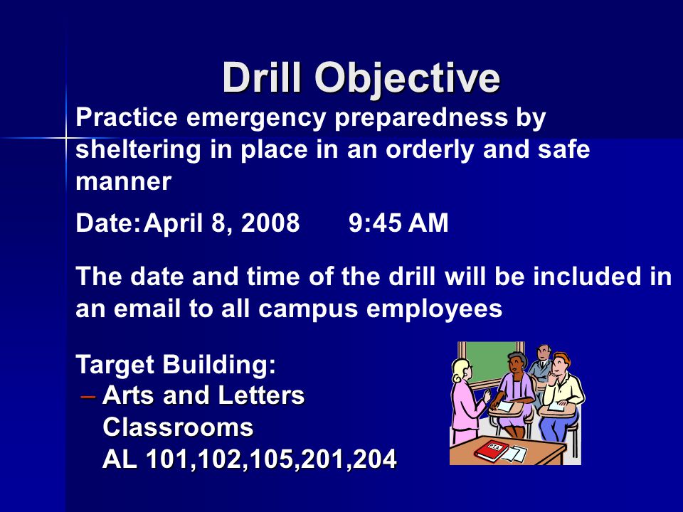 Drill Objective –Arts and Letters Classrooms AL 101,102,105,201,204 Practice emergency preparedness by sheltering in place in an orderly and safe manner Date:April 8, :45 AM The date and time of the drill will be included in an  to all campus employees Target Building: