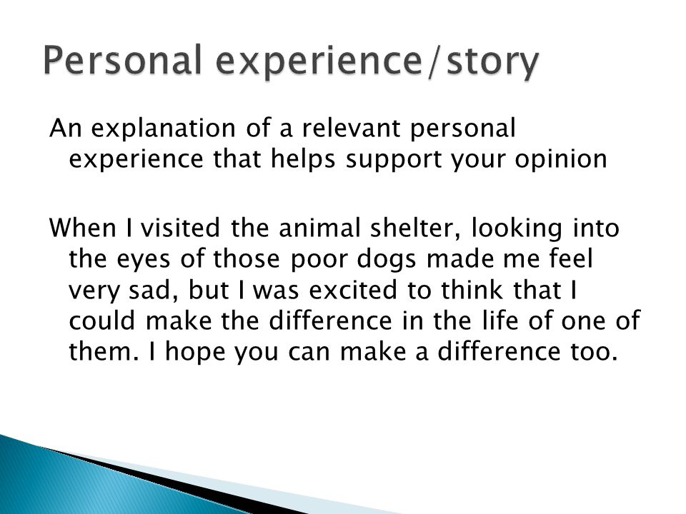 An explanation of a relevant personal experience that helps support your opinion When I visited the animal shelter, looking into the eyes of those poor dogs made me feel very sad, but I was excited to think that I could make the difference in the life of one of them.