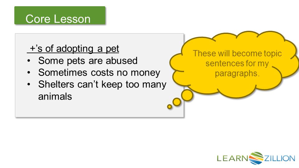 Let’s Review Core Lesson +’s of adopting a pet Some pets are abused Sometimes costs no money Shelters can’t keep too many animals +’s of adopting a pet Some pets are abused Sometimes costs no money Shelters can’t keep too many animals These will become topic sentences for my paragraphs.