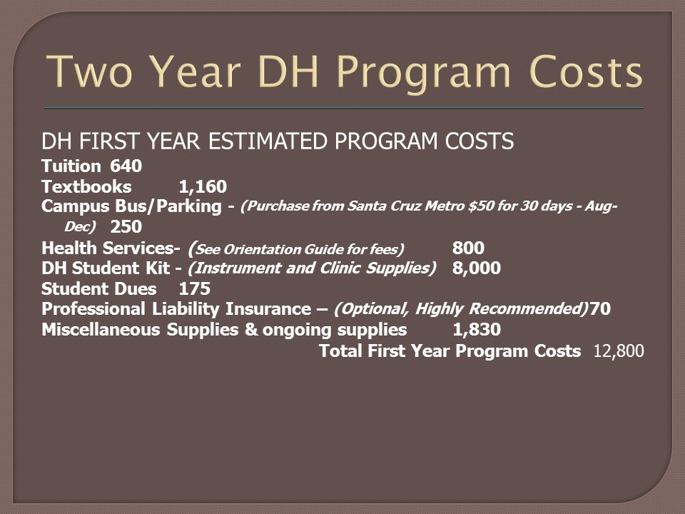 Two Year DH Program Costs DH FIRST YEAR ESTIMATED PROGRAM COSTS Tuition640 Textbooks1,160 Campus Bus/Parking - (Purchase from Santa Cruz Metro $50 for 30 days - Aug- Dec) 250 Health Services- ( See Orientation Guide for fees) 800 DH Student Kit - (Instrument and Clinic Supplies) 8,000 Student Dues175 Professional Liability Insurance – (Optional, Highly Recommended) 70 Miscellaneous Supplies & ongoing supplies1,830 Total First Year Program Costs12,800