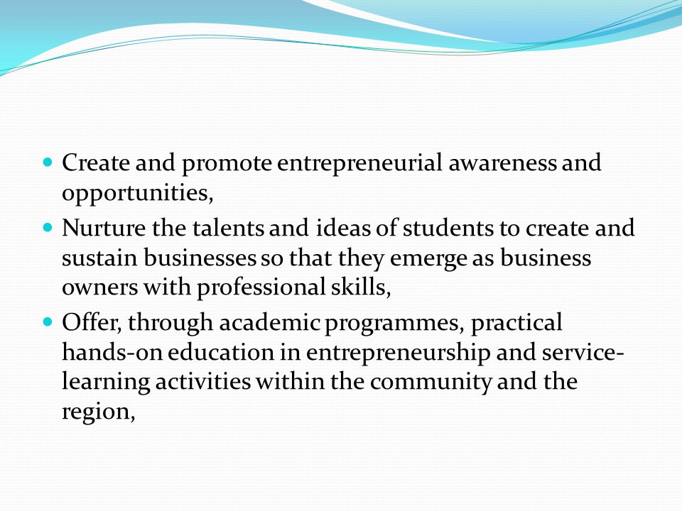 Create and promote entrepreneurial awareness and opportunities, Nurture the talents and ideas of students to create and sustain businesses so that they emerge as business owners with professional skills, Offer, through academic programmes, practical hands-on education in entrepreneurship and service- learning activities within the community and the region,