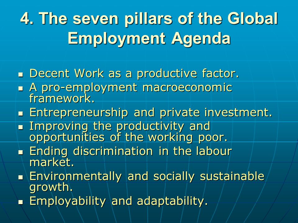 4. The seven pillars of the Global Employment Agenda Decent Work as a productive factor.