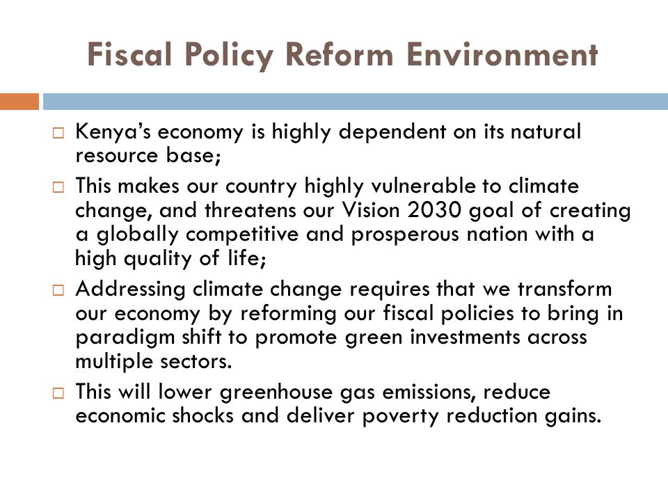 Fiscal Policy Reform Environment  Kenya’s economy is highly dependent on its natural resource base;  This makes our country highly vulnerable to climate change, and threatens our Vision 2030 goal of creating a globally competitive and prosperous nation with a high quality of life;  Addressing climate change requires that we transform our economy by reforming our fiscal policies to bring in paradigm shift to promote green investments across multiple sectors.