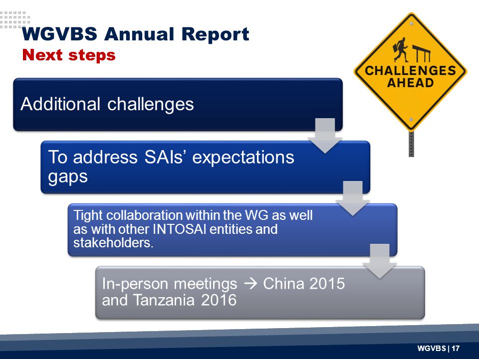 WGVBS Annual Report Next steps Additional challenges To address SAIs’ expectations gaps Tight collaboration within the WG as well as with other INTOSAI entities and stakeholders.