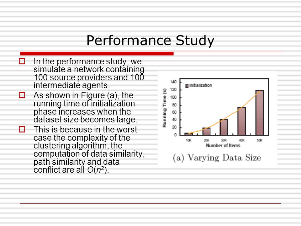 Performance Study  In the performance study, we simulate a network containing 100 source providers and 100 intermediate agents.