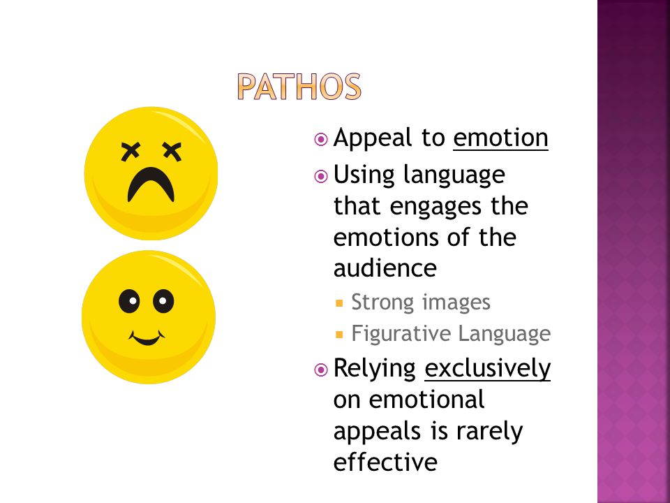  Appeal to emotion  Using language that engages the emotions of the audience  Strong images  Figurative Language  Relying exclusively on emotional appeals is rarely effective
