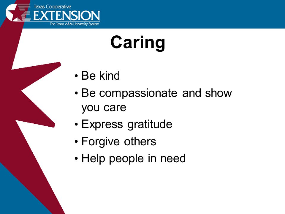 Caring Be kind Be compassionate and show you care Express gratitude Forgive others Help people in need