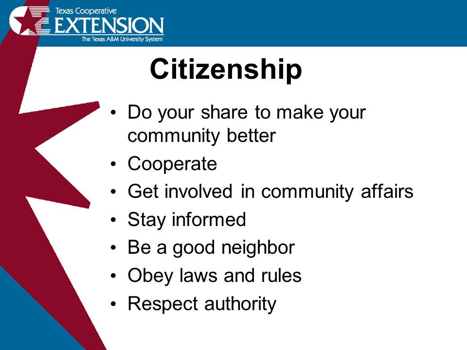 Citizenship Do your share to make your community better Cooperate Get involved in community affairs Stay informed Be a good neighbor Obey laws and rules Respect authority