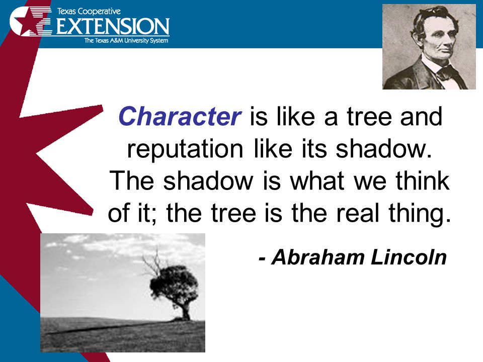 Character is like a tree and reputation like its shadow.