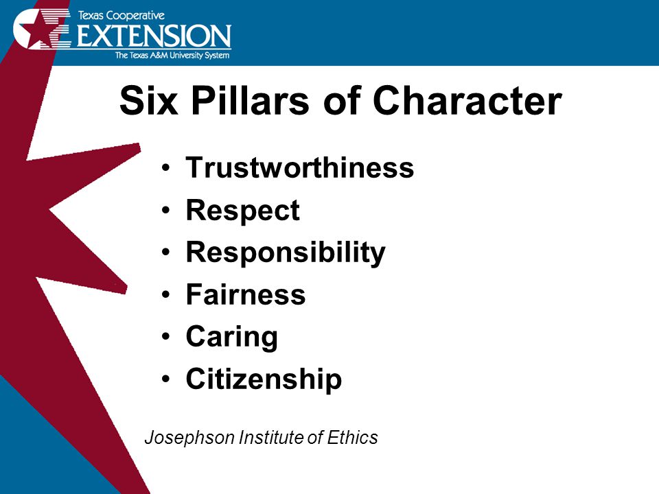 Six Pillars of Character Trustworthiness Respect Responsibility Fairness Caring Citizenship Josephson Institute of Ethics