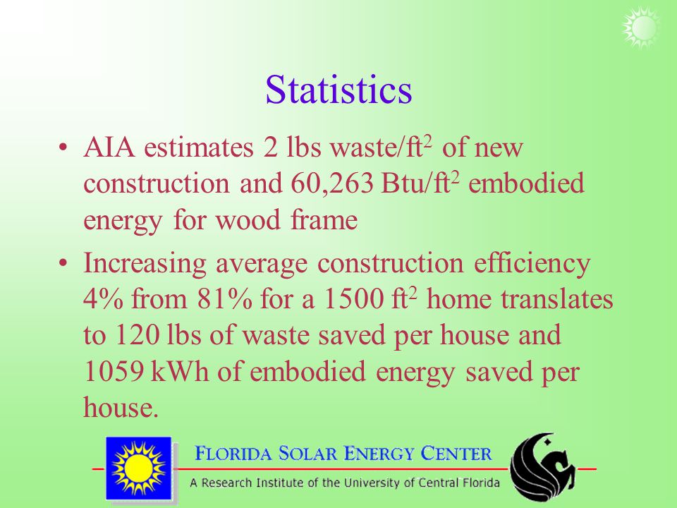 Statistics AIA estimates 2 lbs waste/ft 2 of new construction and 60,263 Btu/ft 2 embodied energy for wood frame Increasing average construction efficiency 4% from 81% for a 1500 ft 2 home translates to 120 lbs of waste saved per house and 1059 kWh of embodied energy saved per house.