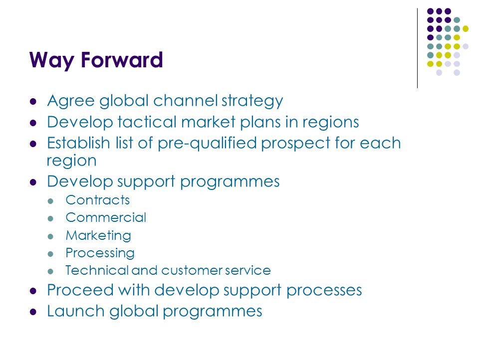 Way Forward Agree global channel strategy Develop tactical market plans in regions Establish list of pre-qualified prospect for each region Develop support programmes Contracts Commercial Marketing Processing Technical and customer service Proceed with develop support processes Launch global programmes