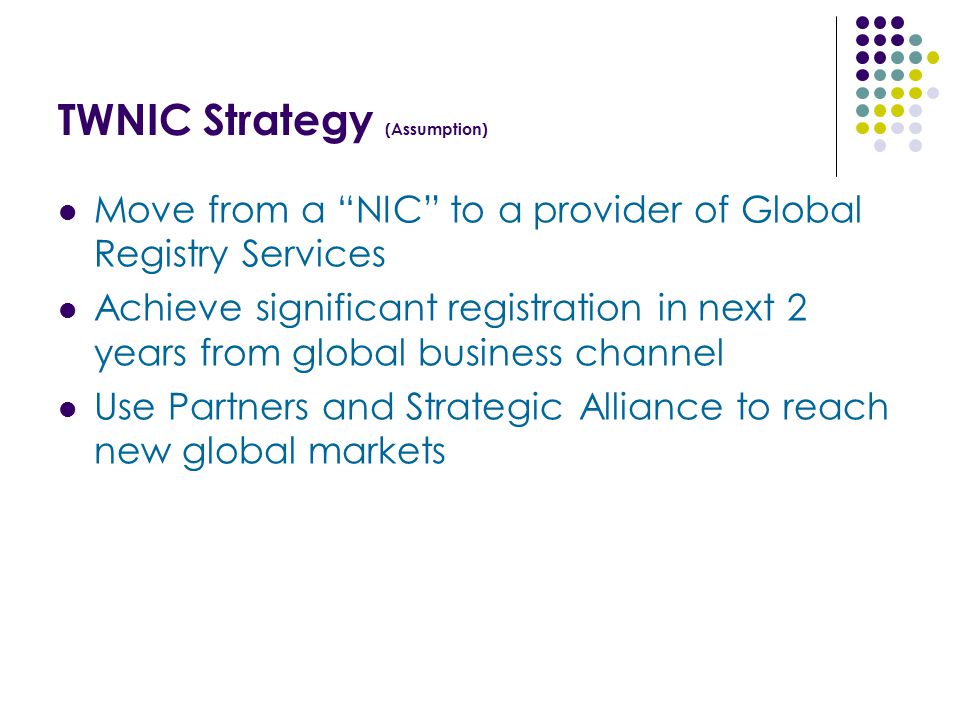 TWNIC Strategy (Assumption) Move from a NIC to a provider of Global Registry Services Achieve significant registration in next 2 years from global business channel Use Partners and Strategic Alliance to reach new global markets