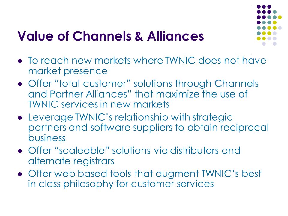 Value of Channels & Alliances To reach new markets where TWNIC does not have market presence Offer total customer solutions through Channels and Partner Alliances that maximize the use of TWNIC services in new markets Leverage TWNIC’s relationship with strategic partners and software suppliers to obtain reciprocal business Offer scaleable solutions via distributors and alternate registrars Offer web based tools that augment TWNIC’s best in class philosophy for customer services